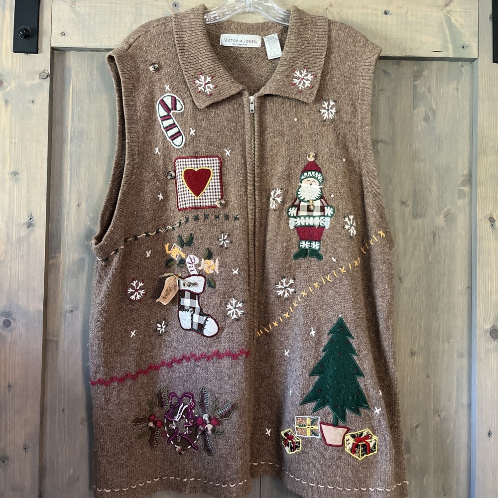 Vintage Victoria Jones Christmas Sweater Vest 3X Embroidered Wool Blend Full Zip